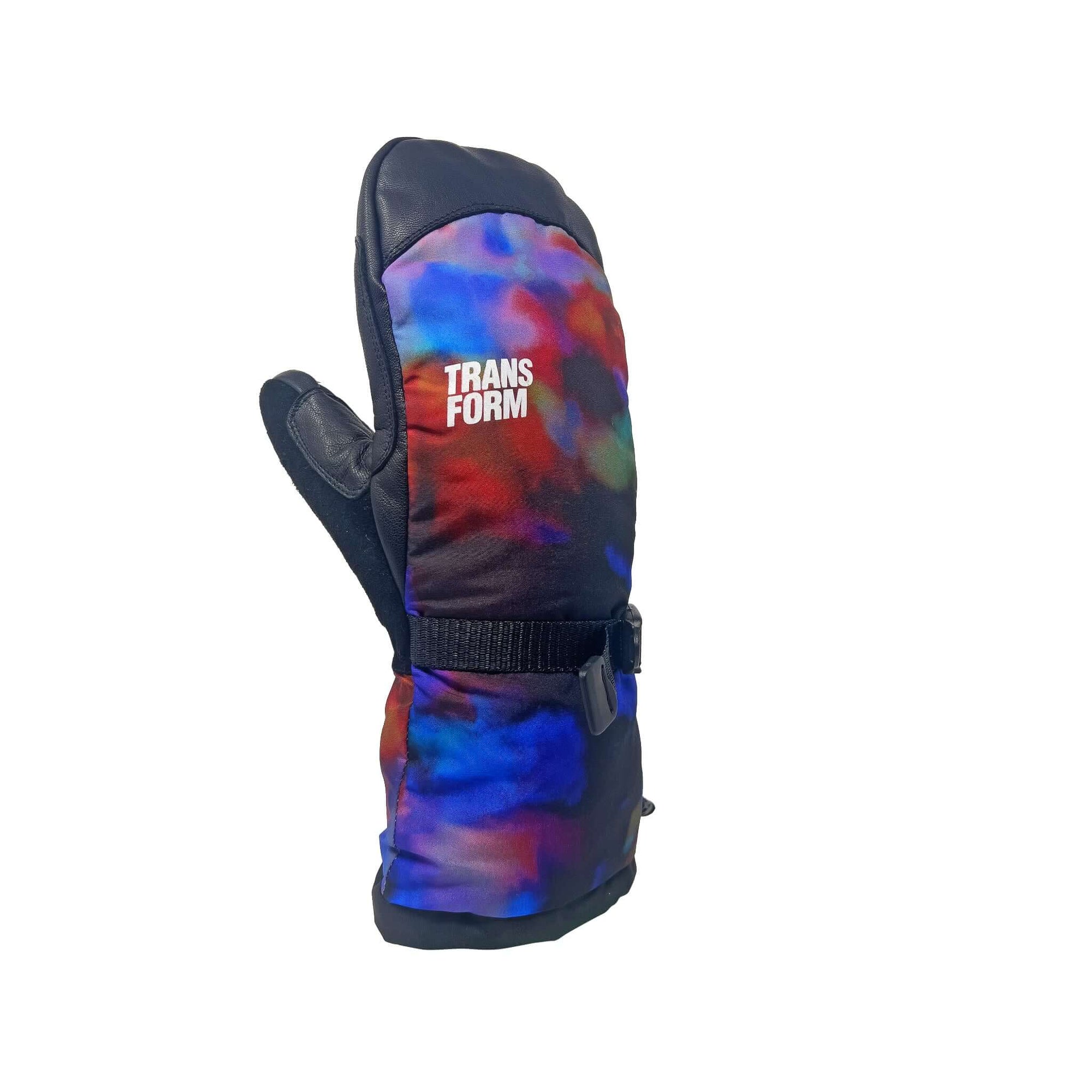 Black and colorful The Team snowboard mitten with Primaloft insulation for harsh weather conditions.