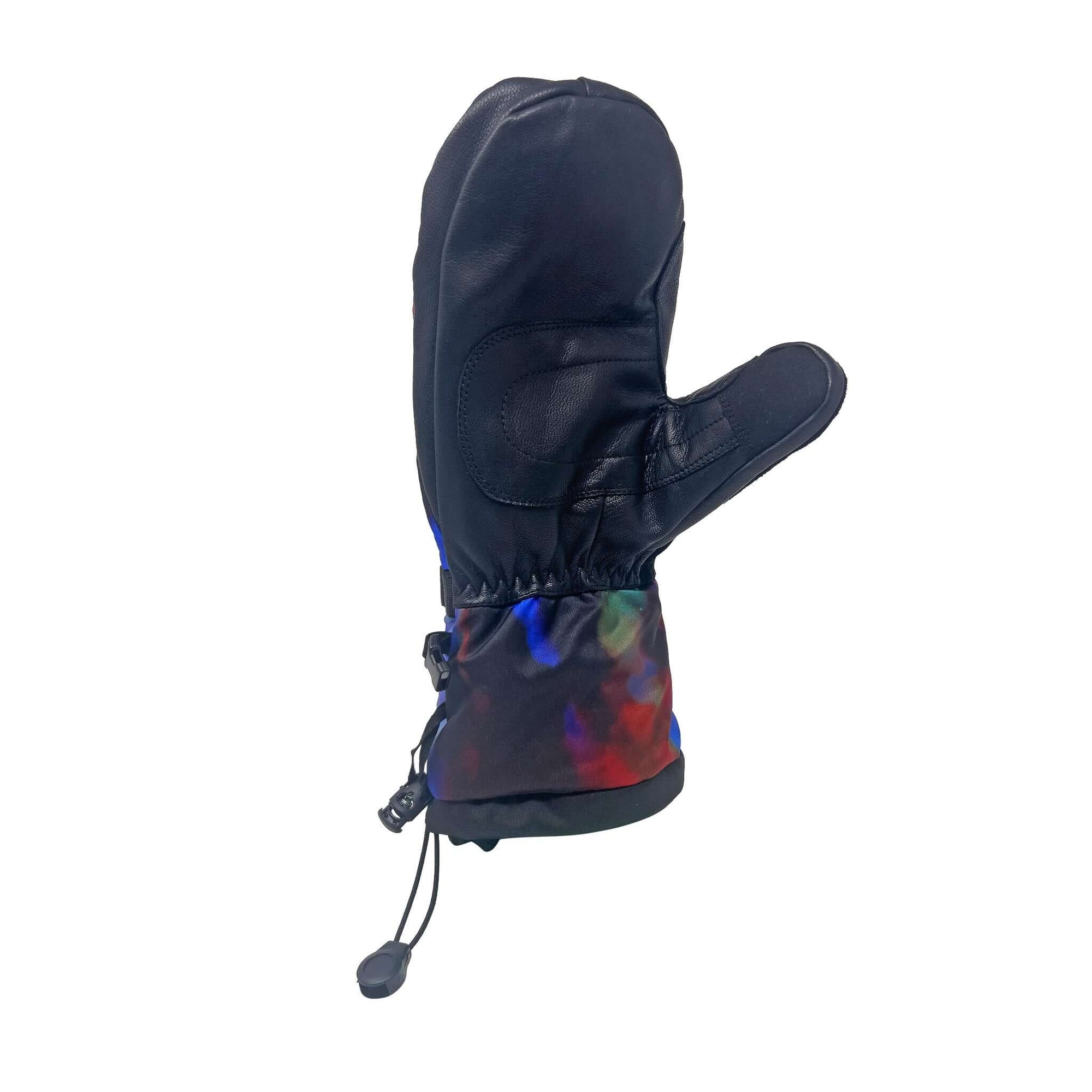 Black snowboard mitten with Primaloft insulation and Hipora waterproof inserts for extreme weather conditions, ideal for snowboarding.