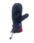 Black snowboard mitten with Primaloft insulation and Hipora waterproof inserts for extreme weather conditions, ideal for snowboarding.