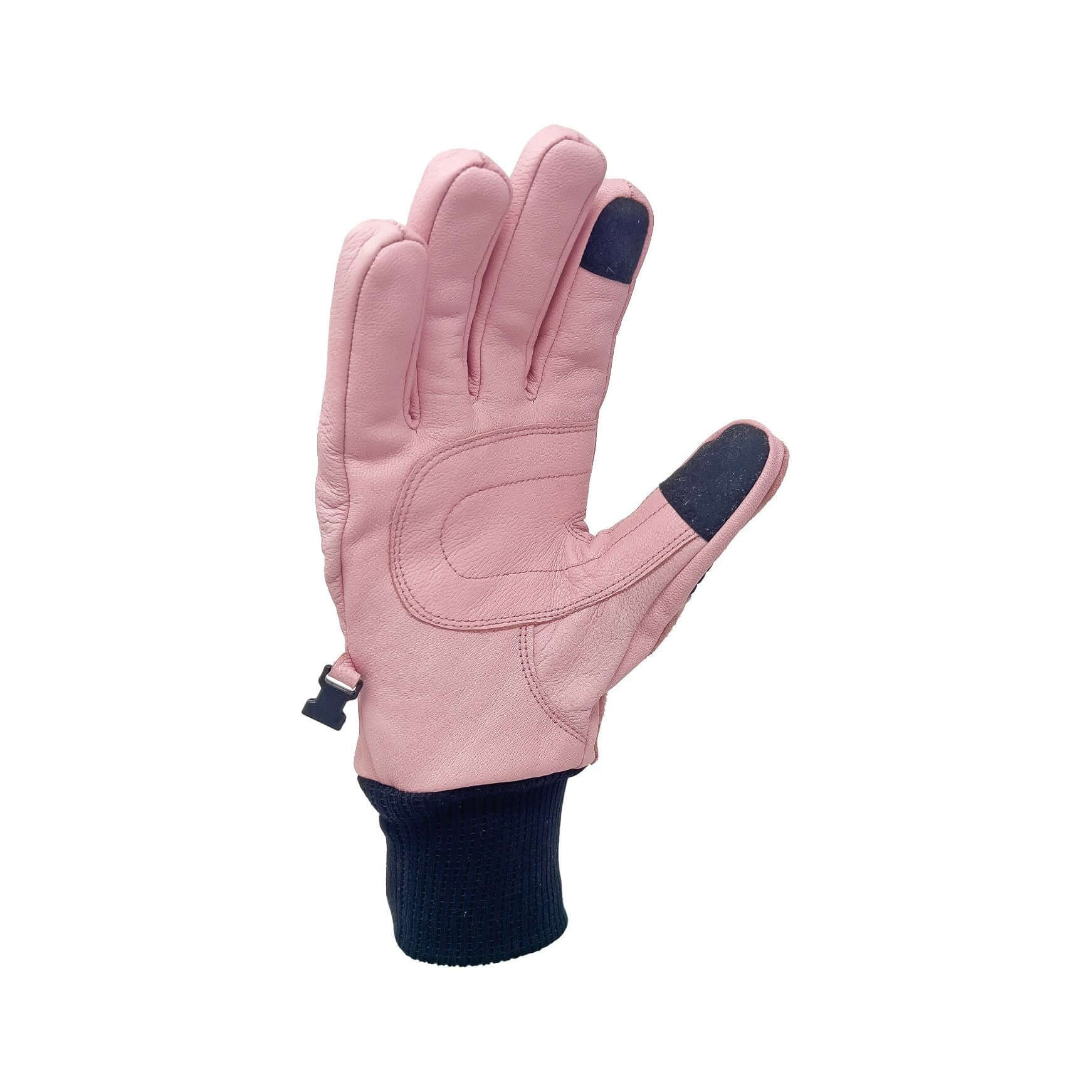 Pink leather snowboarding glove with touchscreen compatibility and reinforced palm.