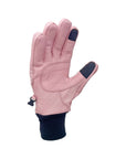 Pink leather snowboarding glove with touchscreen compatibility and reinforced palm.