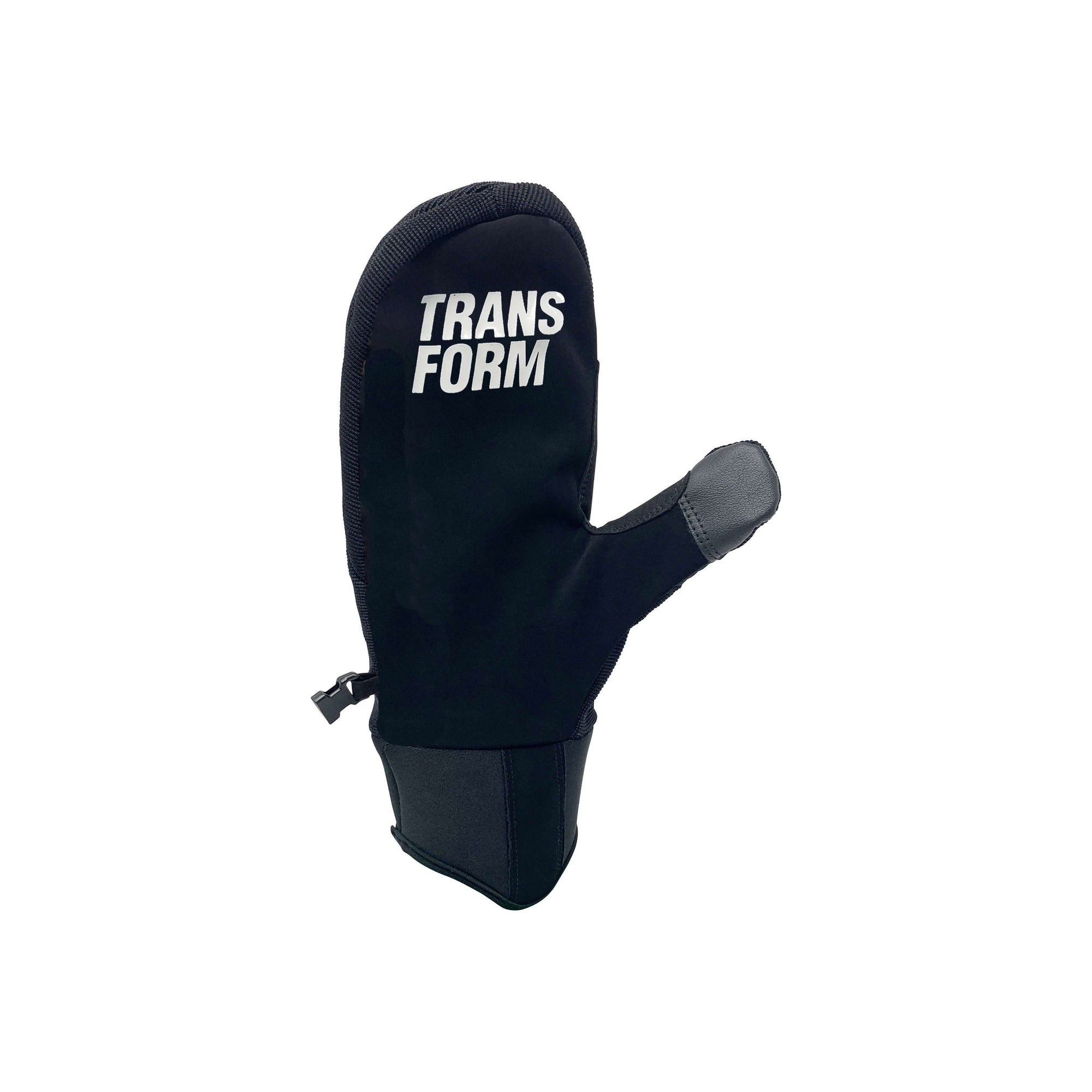 Black Transform mitten for snowboarding with touch screen compatible thumb and hyper grip rubber palm, ideal for spring conditions.