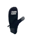 Black Transform mitten for snowboarding with touch screen compatible thumb and hyper grip rubber palm, ideal for spring conditions.