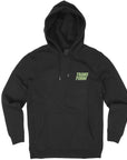 Black SE12 Softshell Hoody with Transform Logo, ideal for snowboarding and long flights, featuring pit zips and water-resistant kangaroo pockets