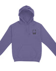 Lavender snowboard hoodie with screenprint chest logo, thumb cuffs, and riders fit. Gender neutral sizing. Ideal for snowboarding.