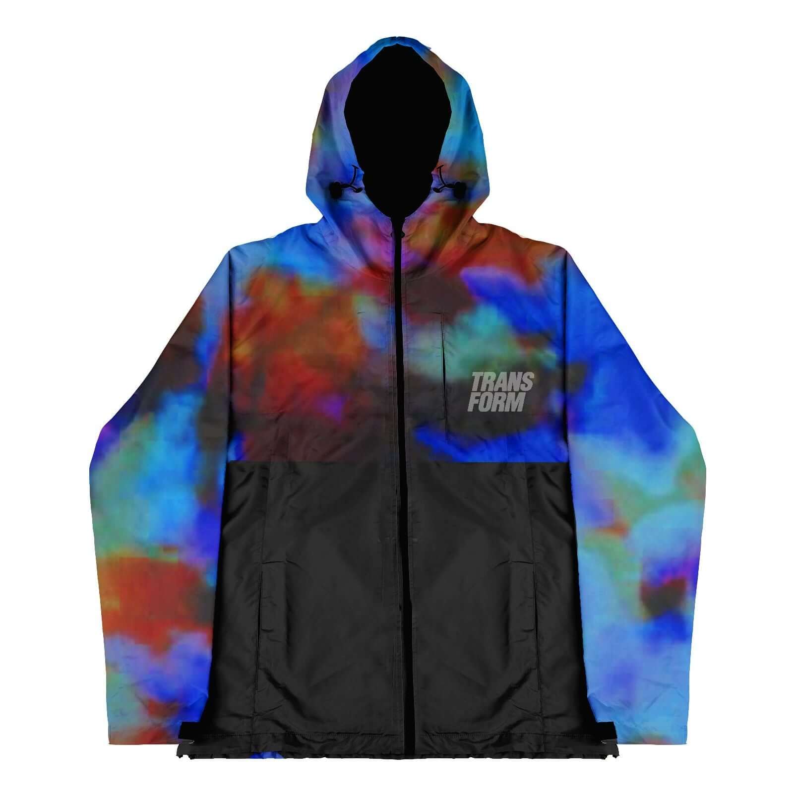 Aqua Stacked snowboard jacket with colorful hood and black torso, weatherproof with zippable pockets, adjustable hood, and taped seams