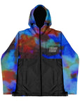 Aqua Stacked snowboard jacket with colorful hood and black torso, weatherproof with zippable pockets, adjustable hood, and taped seams